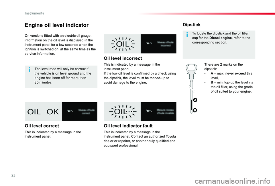 TOYOTA PROACE VERSO 2019  Owners Manual 32
Engine oil level indicator
On versions fitted with an electric oil gauge, information on the oil level is displayed in the instrument panel for a few seconds when the ignition is switched on, at th