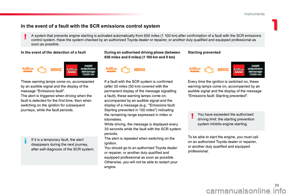 TOYOTA PROACE VERSO 2019  Owners Manual 35
Starting prevented
Every time the ignition is switched on, these warning lamps come on, accompanied by an audible signal and the display of the message "Emissions fault: Starting prevented"