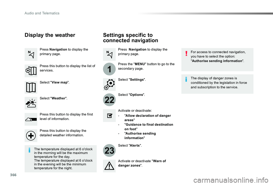 TOYOTA PROACE VERSO 2019  Owners Manual 366
22
23
1
Settings specific to 
connected navigation
For access to connected navigation, you have to select the option: "Authorise sending information".
Select "Options".
Select "