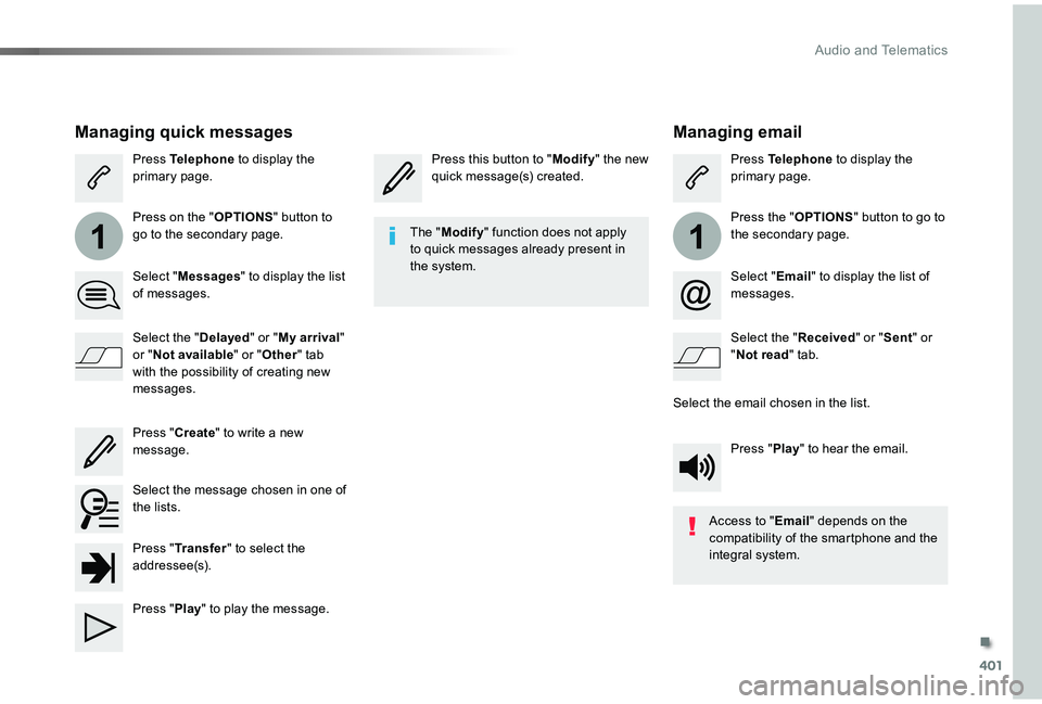 TOYOTA PROACE VERSO 2019  Owners Manual 401
11
Managing email
Press this button to "Modify" the new quick message(s) created.Press Telephone to display the primary page.
Press the "OPTIONS" button to go to the secondary page