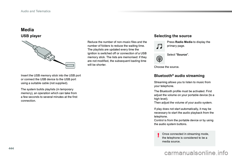 TOYOTA PROACE VERSO 2019  Owners Manual 444
Media
USB playerSelecting the source
Select "Source".
Press Radio Media to display the primary page.
The system builds playlists (in temporary memory), an operation which can take from a f