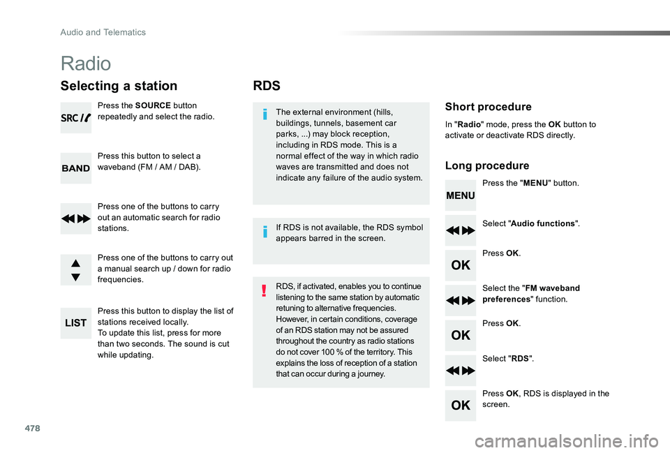 TOYOTA PROACE VERSO 2019  Owners Manual 478
RDS
Short procedure
Long procedure
The external environment (hills, buildings, tunnels, basement car parks, ...) may block reception, including in RDS mode. This is a normal effect of the way in w