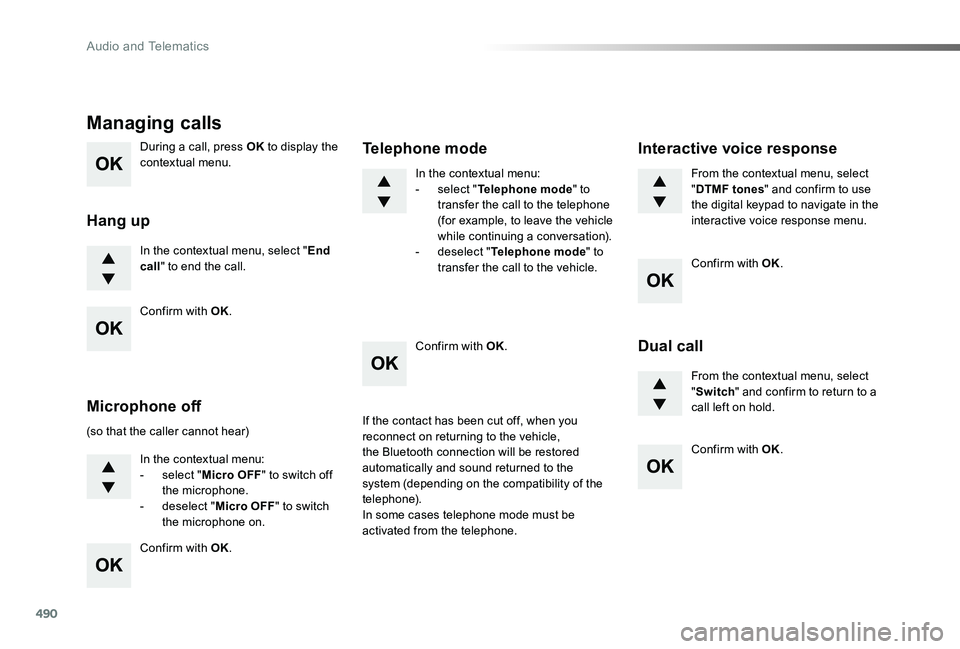 TOYOTA PROACE VERSO 2019  Owners Manual 490
During a call, press OK to display the contextual menu.
In the contextual menu, select "End call" to end the call.
Managing calls
Hang up
(so that the caller cannot hear)
In the contextual