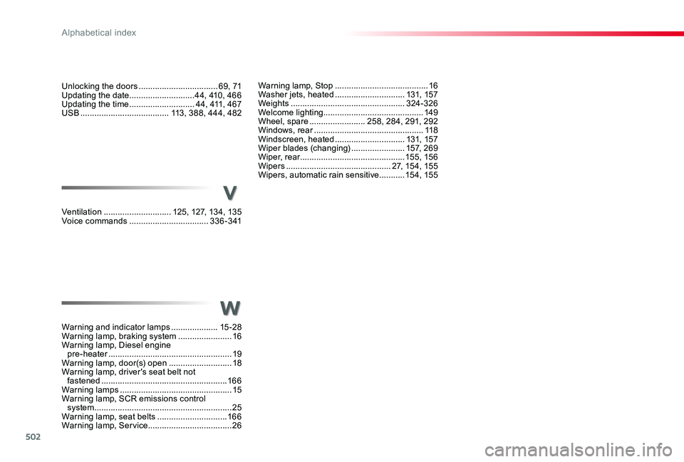 TOYOTA PROACE VERSO 2019  Owners Manual 502
Warning lamp, Stop ........................................16Washer jets, heated ..............................131, 157Weights .................................................324-326Welcome light