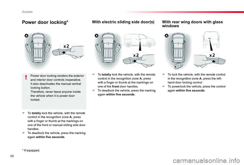 TOYOTA PROACE VERSO 2019  Owners Manual 58
Power door locking*
Power door locking renders the exterior and interior door controls inoperative.It also deactivates the manual central locking button.Therefore, never leave anyone inside the veh