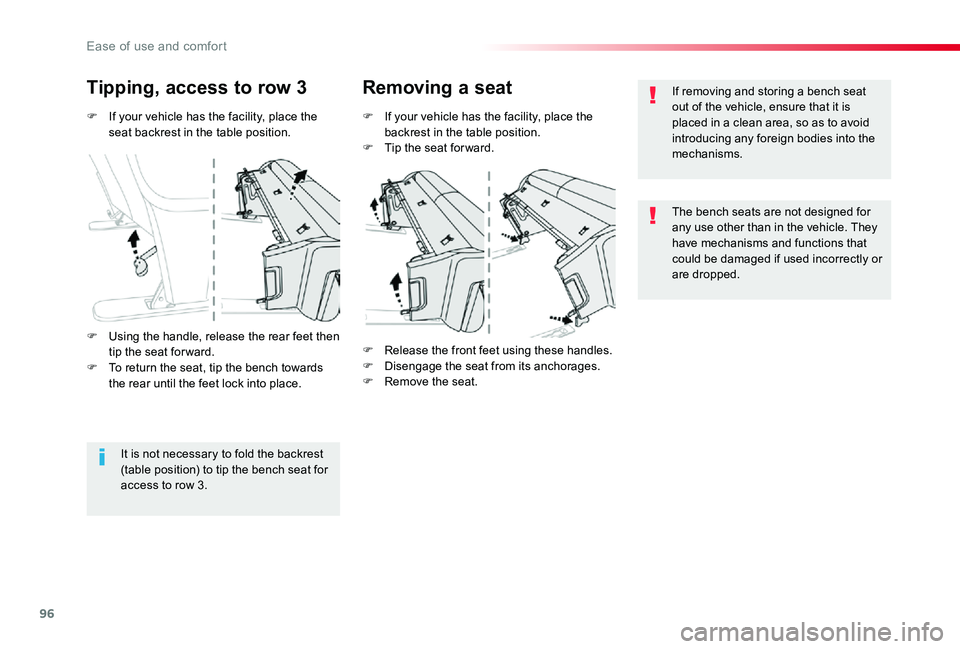 TOYOTA PROACE VERSO 2019  Owners Manual 96
F If your vehicle has the facility, place the seat backrest in the table position.
Tipping, access to row 3Removing a seat
F If your vehicle has the facility, place the backrest in the table positi