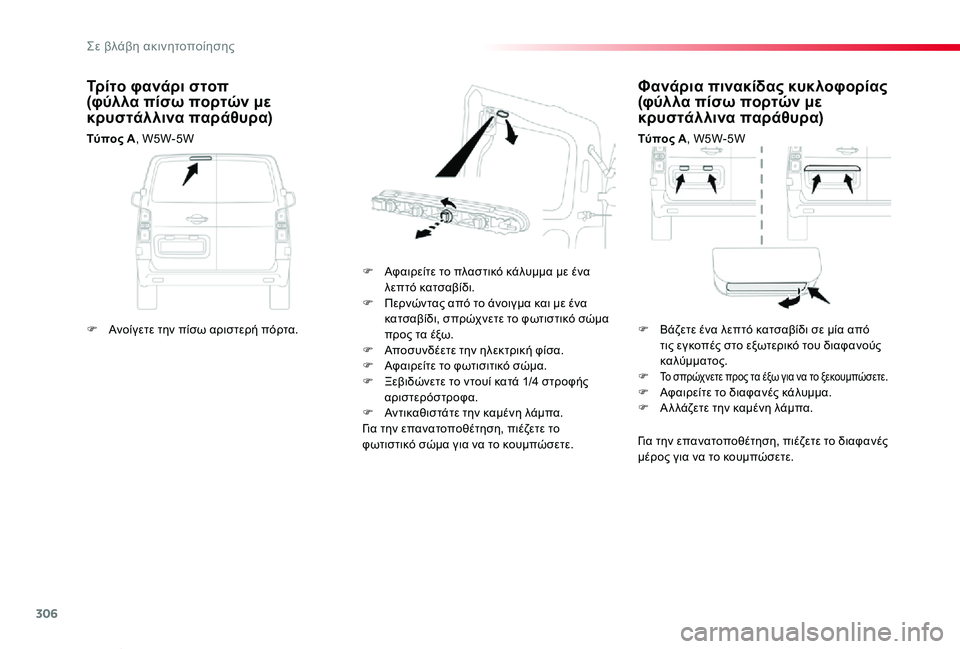 TOYOTA PROACE VERSO 2019  ΟΔΗΓΌΣ ΧΡΉΣΗΣ (in Greek) 306
Proace-Verso_el_Chap08_En-cas-de-panne_ed01-2019
Φανάρια πινακίδας κυκλοφορίας (φύλλα πίσω πορτών με κρυστάλλινα παράθυρα)
Τύπος