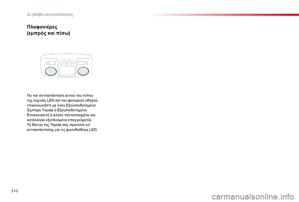 TOYOTA PROACE VERSO 2019  ΟΔΗΓΌΣ ΧΡΉΣΗΣ (in Greek) 310
Proace-Verso_el_Chap08_En-cas-de-panne_ed01-2019
Πλαφονιέρες
(εμπρός και πίσω)
Για την αντικατάσταση αυτού του τύπου της λυχνίας L
