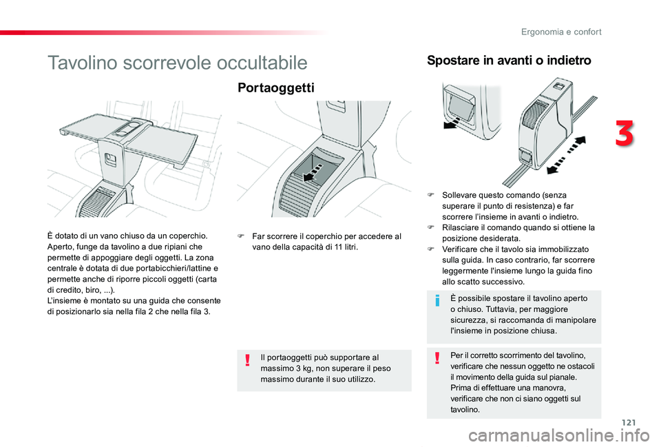 TOYOTA PROACE VERSO 2019 Manuale duso (in Italian) 121
Proace_Verso_IT_Chap03_ergonomie-et-confort_ed01-2019
Tavolino scorrevole occultabile
Portaoggetti
Per il corretto scorrimento del tavolino, verificare che nessun oggetto ne ostacoli il movimento TOYOTA PROACE VERSO 2019 Manuale duso (in Italian) 121
Proace_Verso_IT_Chap03_ergonomie-et-confort_ed01-2019
Tavolino scorrevole occultabile
Portaoggetti
Per il corretto scorrimento del tavolino, verificare che nessun oggetto ne ostacoli il movimento