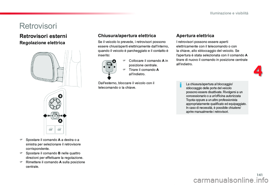 TOYOTA PROACE VERSO 2019 Manuale duso (in Italian) 141
Proace_Verso_IT_Chap04_eclairage-et-visibilite_ed01-2019
F Spostare il comando A a destra o a sinistra per selezionare il retrovisore corrispondente.F Spostare il comando B nelle quattro
direzion TOYOTA PROACE VERSO 2019 Manuale duso (in Italian) 141
Proace_Verso_IT_Chap04_eclairage-et-visibilite_ed01-2019
F Spostare il comando A a destra o a sinistra per selezionare il retrovisore corrispondente.F Spostare il comando B nelle quattro
direzion
