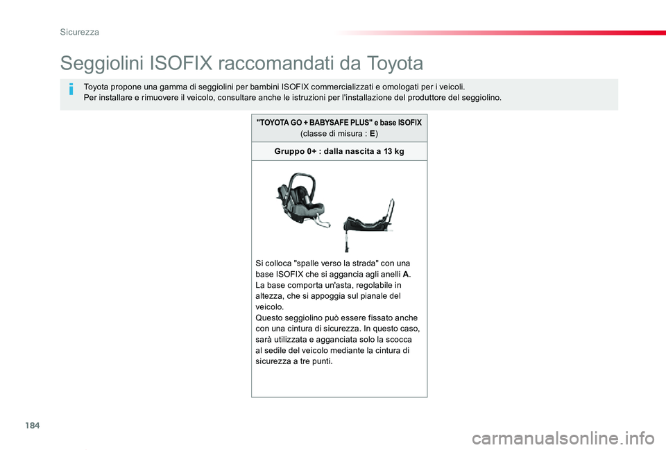 TOYOTA PROACE VERSO 2019  Manuale duso (in Italian) 184
Proace_Verso_IT_Chap05_securite_ed01-2019
Seggiolini ISOFIX raccomandati da Toyota
Toyota propone una gamma di seggiolini per bambini ISOFIX commercializzati e omologati per i veicoli.Per installa