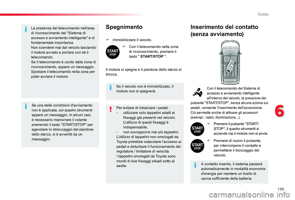 TOYOTA PROACE VERSO 2019 Manuale duso (in Italian) 199
Proace_Verso_IT_Chap06_conduite_ed01-2019
La presenza del telecomando nell'area di riconoscimento del "Sistema di accesso e avviamento intelligente" è di fondamentale importanza.Non s TOYOTA PROACE VERSO 2019 Manuale duso (in Italian) 199
Proace_Verso_IT_Chap06_conduite_ed01-2019
La presenza del telecomando nell'area di riconoscimento del "Sistema di accesso e avviamento intelligente" è di fondamentale importanza.Non s