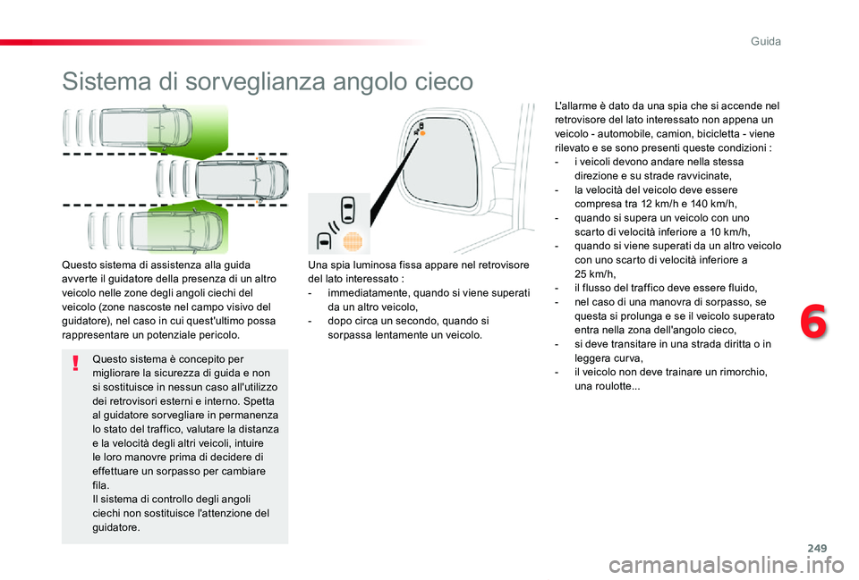 TOYOTA PROACE VERSO 2019 Manuale duso (in Italian) 249
Proace_Verso_IT_Chap06_conduite_ed01-2019
Sistema di sorveglianza angolo cieco
Una spia luminosa fissa appare nel retrovisore del lato interessato :- immediatamente, quando si viene superati da un TOYOTA PROACE VERSO 2019 Manuale duso (in Italian) 249
Proace_Verso_IT_Chap06_conduite_ed01-2019
Sistema di sorveglianza angolo cieco
Una spia luminosa fissa appare nel retrovisore del lato interessato :- immediatamente, quando si viene superati da un