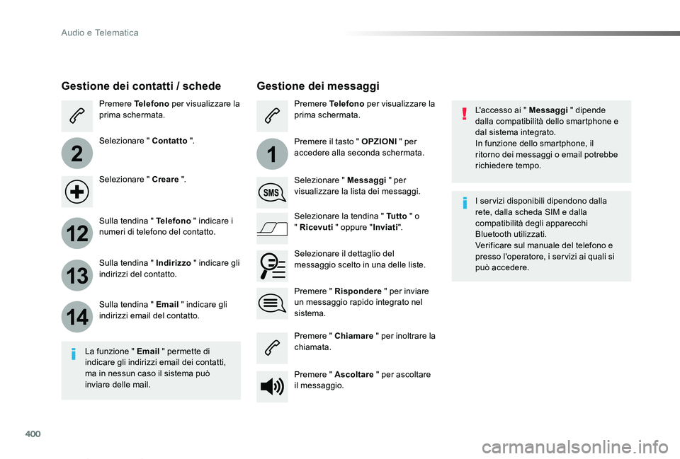TOYOTA PROACE VERSO 2019 Manuale duso (in Italian) 400
2
12
13
14
1
Proace_Verso_IT_Chap10b_NAC-1_ed01-2019
L'accesso ai " Messaggi " dipende dalla compatibilità dello smartphone e dal sistema integrato.In funzione dello smartphone, il ri TOYOTA PROACE VERSO 2019 Manuale duso (in Italian) 400
2
12
13
14
1
Proace_Verso_IT_Chap10b_NAC-1_ed01-2019
L'accesso ai " Messaggi " dipende dalla compatibilità dello smartphone e dal sistema integrato.In funzione dello smartphone, il ri