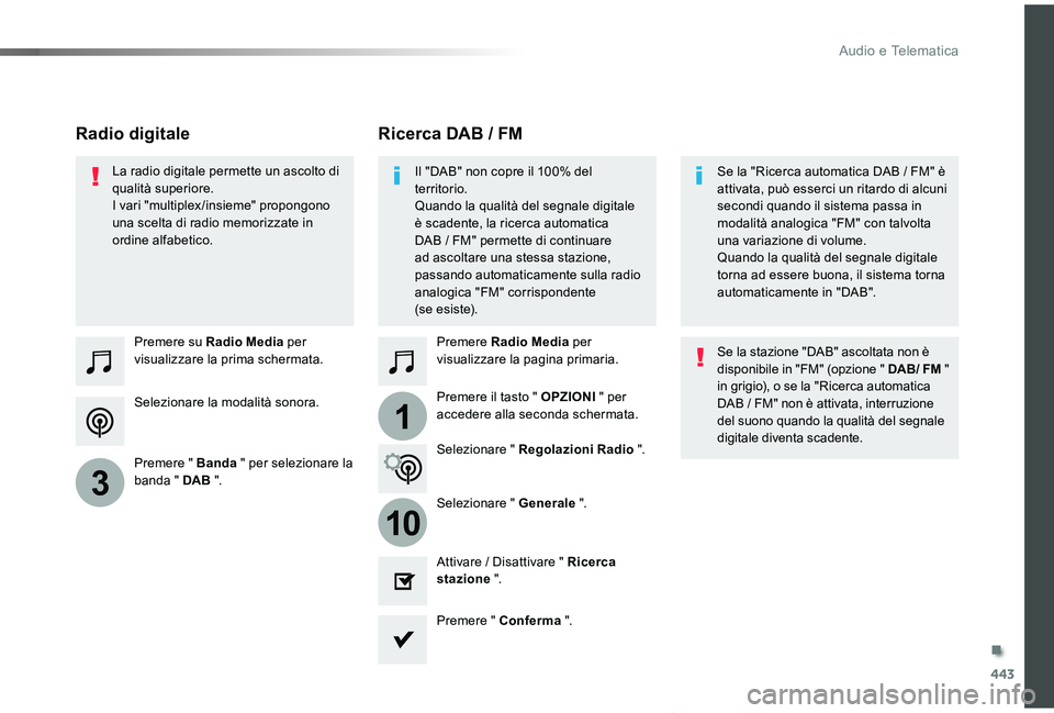 TOYOTA PROACE VERSO 2019 Manuale duso (in Italian) 443
1
10
3
Proace_Verso_IT_Chap10c_RCC-1_ed01-2019
Selezionare la modalità sonora.
Premere su Radio Media per visualizzare la prima schermata.
Premere " Banda " per selezionare la banda " TOYOTA PROACE VERSO 2019 Manuale duso (in Italian) 443
1
10
3
Proace_Verso_IT_Chap10c_RCC-1_ed01-2019
Selezionare la modalità sonora.
Premere su Radio Media per visualizzare la prima schermata.
Premere " Banda " per selezionare la banda "