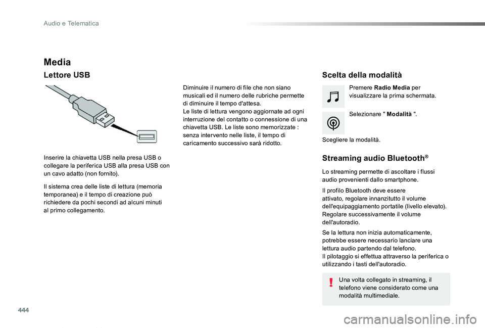 TOYOTA PROACE VERSO 2019 Manuale duso (in Italian) 444
Proace_Verso_IT_Chap10c_RCC-1_ed01-2019
Media
Lettore USBScelta della modalità
Selezionare " Modalità ".
Premere Radio Media per visualizzare la prima schermata.
Il sistema crea delle li TOYOTA PROACE VERSO 2019 Manuale duso (in Italian) 444
Proace_Verso_IT_Chap10c_RCC-1_ed01-2019
Media
Lettore USBScelta della modalità
Selezionare " Modalità ".
Premere Radio Media per visualizzare la prima schermata.
Il sistema crea delle li