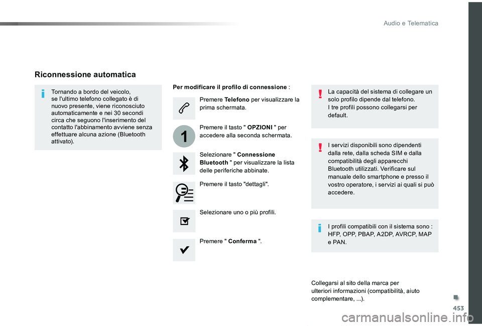 TOYOTA PROACE VERSO 2019 Manuale duso (in Italian) 453
1
Proace_Verso_IT_Chap10c_RCC-1_ed01-2019
Premere Telefono per visualizzare la prima schermata.
Selezionare " Connessione Bluetooth " per visualizzare la lista delle periferiche abbinate.
TOYOTA PROACE VERSO 2019 Manuale duso (in Italian) 453
1
Proace_Verso_IT_Chap10c_RCC-1_ed01-2019
Premere Telefono per visualizzare la prima schermata.
Selezionare " Connessione Bluetooth " per visualizzare la lista delle periferiche abbinate.