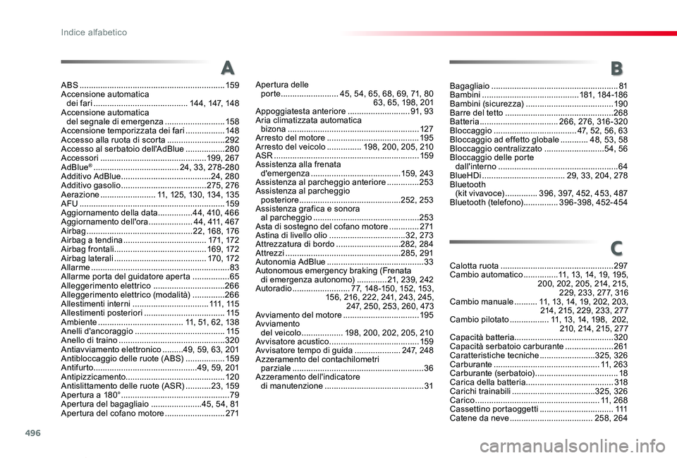 TOYOTA PROACE VERSO 2019 Manuale duso (in Italian) 496
Proace_Verso_IT_Chap11_index-alpha_ed01-2019
A
ABS ...............................................................159Accensione automatica dei fari .........................................14 4, TOYOTA PROACE VERSO 2019 Manuale duso (in Italian) 496
Proace_Verso_IT_Chap11_index-alpha_ed01-2019
A
ABS ...............................................................159Accensione automatica dei fari .........................................14 4,