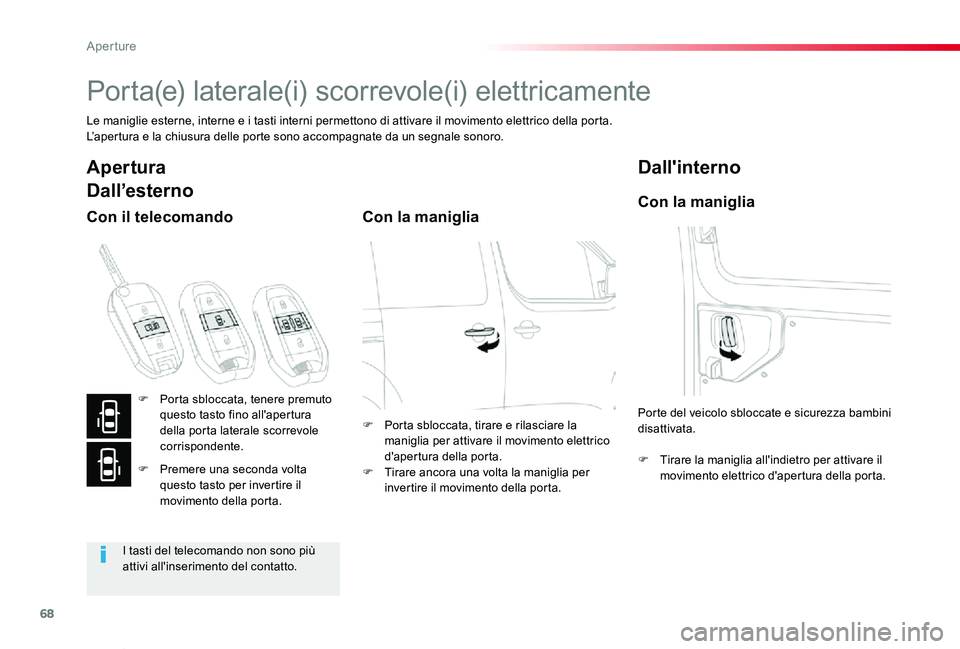 TOYOTA PROACE VERSO 2019  Manuale duso (in Italian) 68
Proace_Verso_IT_Chap02_ouvertures_ed01-2019
Porta(e) laterale(i) scorrevole(i) elettricamente
Le maniglie esterne, interne e i tasti interni permettono di attivare il movimento elettrico della port