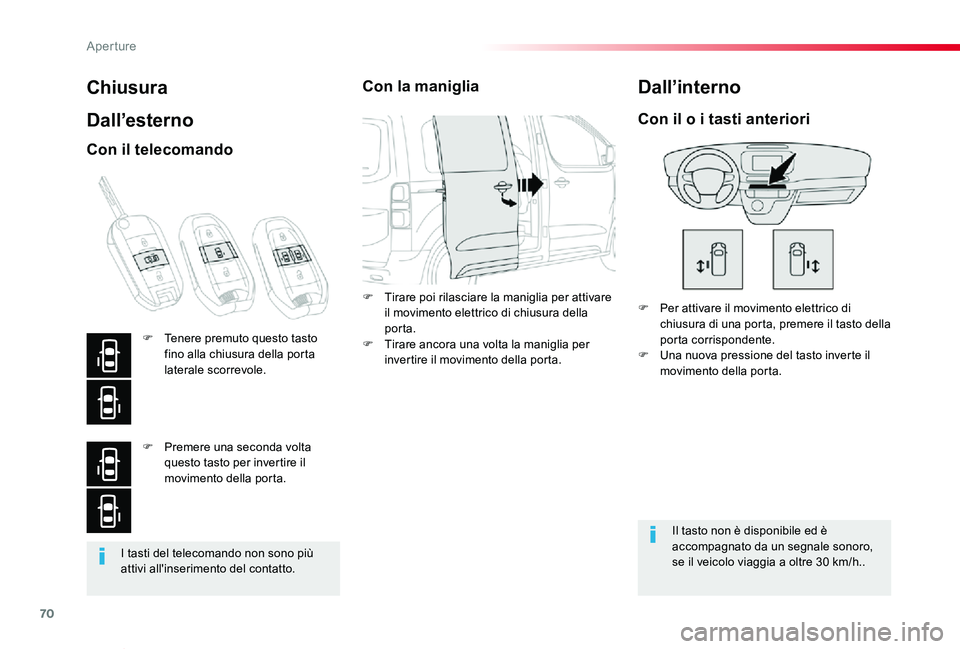 TOYOTA PROACE VERSO 2019  Manuale duso (in Italian) 70
Proace_Verso_IT_Chap02_ouvertures_ed01-2019
I tasti del telecomando non sono più attivi all'inserimento del contatto.
Chiusura
Dall’esterno
F Per attivare il movimento elettrico di chiusura 