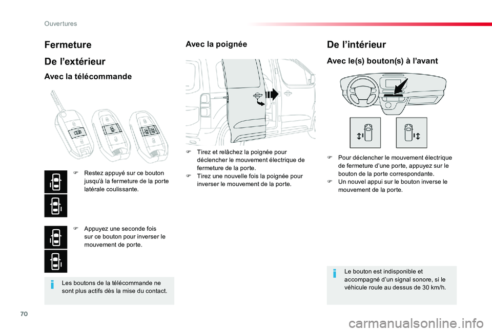 TOYOTA PROACE VERSO 2019  Notices Demploi (in French) 70
Les boutons de la télécommande ne sont plus actifs dès la mise du contact.
Fermeture
De l’extérieur
F Pour déclencher le mouvement électrique de fermeture d’une porte, appuyez sur le bout