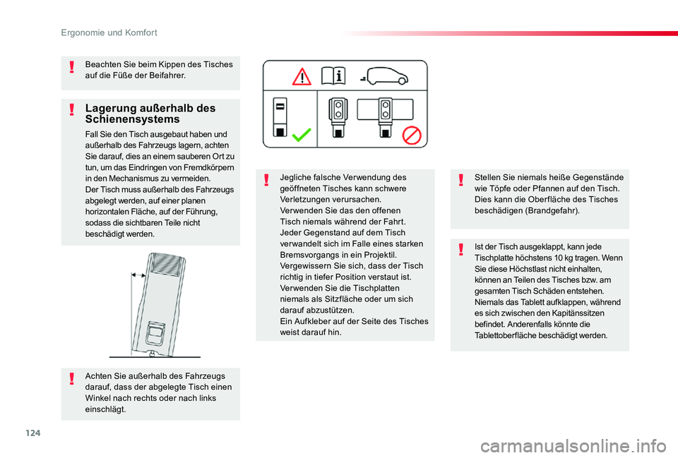 TOYOTA PROACE VERSO 2019  Betriebsanleitungen (in German) 124
Proace_Verso_de_Chap03_ergonomie-et-confort_ed01-2019
Beachten Sie beim Kippen des Tisches auf die Füße der Beifahrer.
Jegliche falsche Ver wendung des geöffneten Tisches kann schwere Verletzun