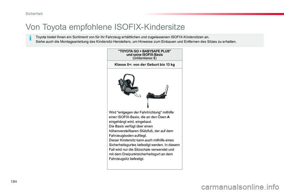 TOYOTA PROACE VERSO 2019  Betriebsanleitungen (in German) 184
Proace_Verso_de_Chap05_securite_ed01-2019
Von Toyota empfohlene ISOFIX-Kindersitze
Toyota bietet Ihnen ein Sortiment von für Ihr Fahrzeug erhältlichen und zugelassenen ISOFIX-Kindersitzen an.Sie