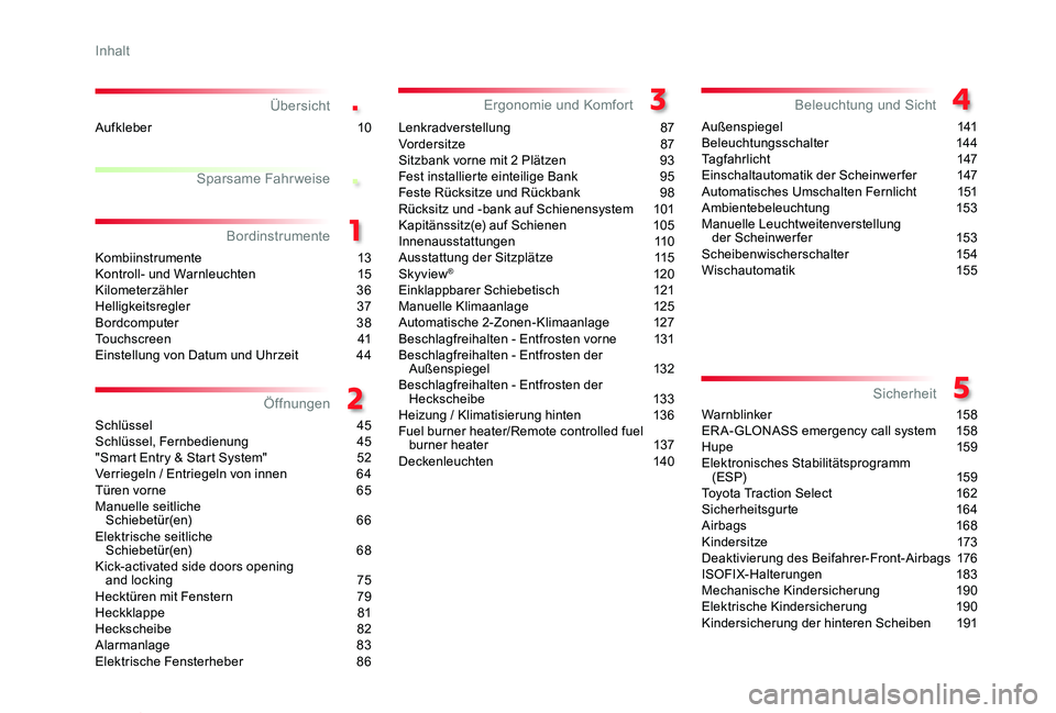 TOYOTA PROACE VERSO 2019  Betriebsanleitungen (in German) .
.
Proace_Verso_de_Chap00a_sommaire_ed01-2019
Übersicht
Kombiinstrumente  13Kontroll- und Warnleuchten  15Kilometerzähler  36Helligkeitsregler  37Bordcomputer  38Touchscreen  41Einstellung von Datu