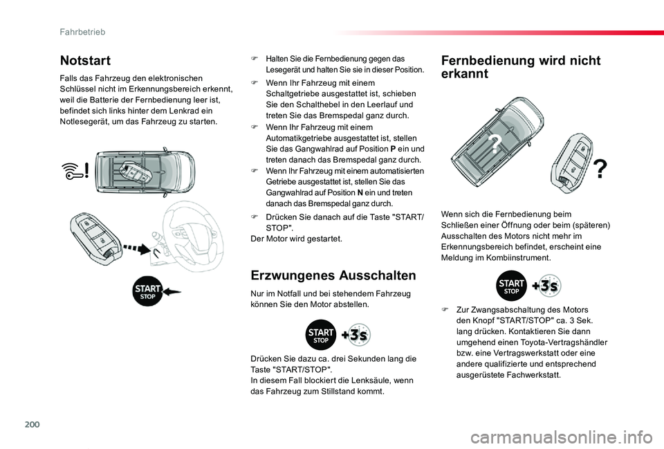TOYOTA PROACE VERSO 2019  Betriebsanleitungen (in German) 200
Proace_Verso_de_Chap06_conduite_ed01-2019
Notstart
Falls das Fahrzeug den elektronischen Schlüssel nicht im Erkennungsbereich erkennt, weil die Batterie der Fernbedienung leer ist, befindet sich 