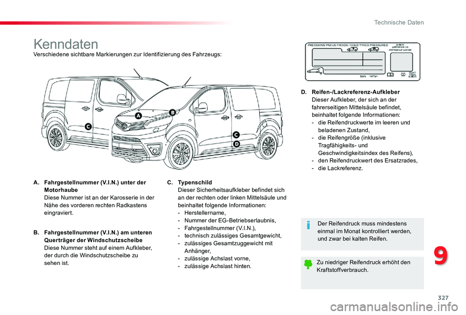 TOYOTA PROACE VERSO 2019  Betriebsanleitungen (in German) 327
Proace_Verso_de_Chap09_caracteristiques-techniques_ed01-2019
KenndatenVerschiedene sichtbare Markierungen zur Identifizierung des Fahrzeugs:
A. Fahrgestellnummer (V.I.N.) unter der Motorhaube  Die