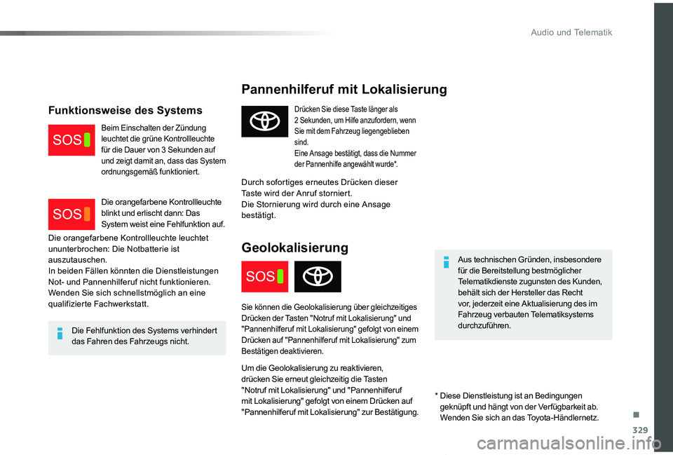 TOYOTA PROACE VERSO 2019  Betriebsanleitungen (in German) 329
Proace_Verso_de_Chap10a_BTA_ed01-2019
Pannenhilferuf mit Lokalisierung
Aus technischen Gründen, insbesondere für die Bereitstellung bestmöglicher Telematikdienste zugunsten des Kunden, behält 