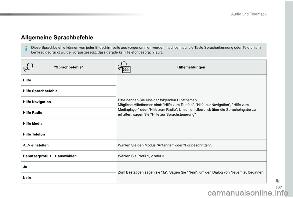 TOYOTA PROACE VERSO 2019  Betriebsanleitungen (in German) 337
Proace_Verso_de_Chap10b_NAC-1_ed01-2019
Allgemeine Sprachbefehle
Diese Sprachbefehle können von jeder Bildschirmseite aus vorgenommen werden, nachdem auf die Taste Spracherkennung oder Telefon am