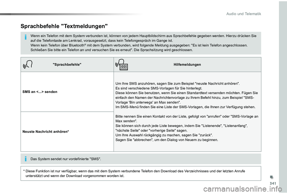 TOYOTA PROACE VERSO 2019  Betriebsanleitungen (in German) 341
Proace_Verso_de_Chap10b_NAC-1_ed01-2019
"Sprachbefehle"Hilfemeldungen
SMS an <...> senden
Um Ihre SMS anzuhören, sagen Sie zum Beispiel "neuste Nachricht anhören".  Es sind versc