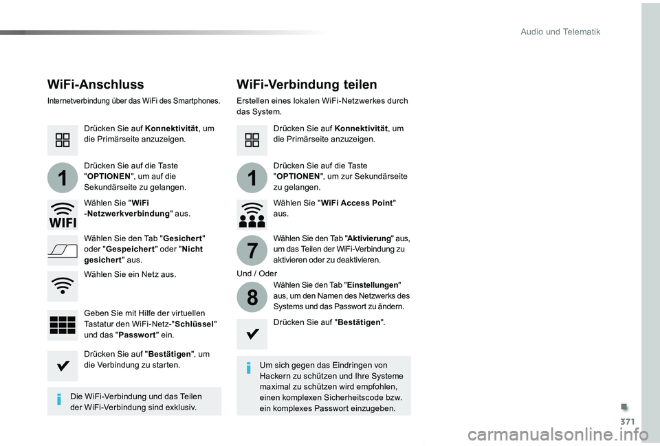 TOYOTA PROACE VERSO 2019  Betriebsanleitungen (in German) 371
11
7
8
Proace_Verso_de_Chap10b_NAC-1_ed01-2019
WiFi-AnschlussWiFi-Verbindung teilen
Um sich gegen das Eindringen von Hackern zu schützen und Ihre Systeme maximal zu schützen wird empfohlen, eine