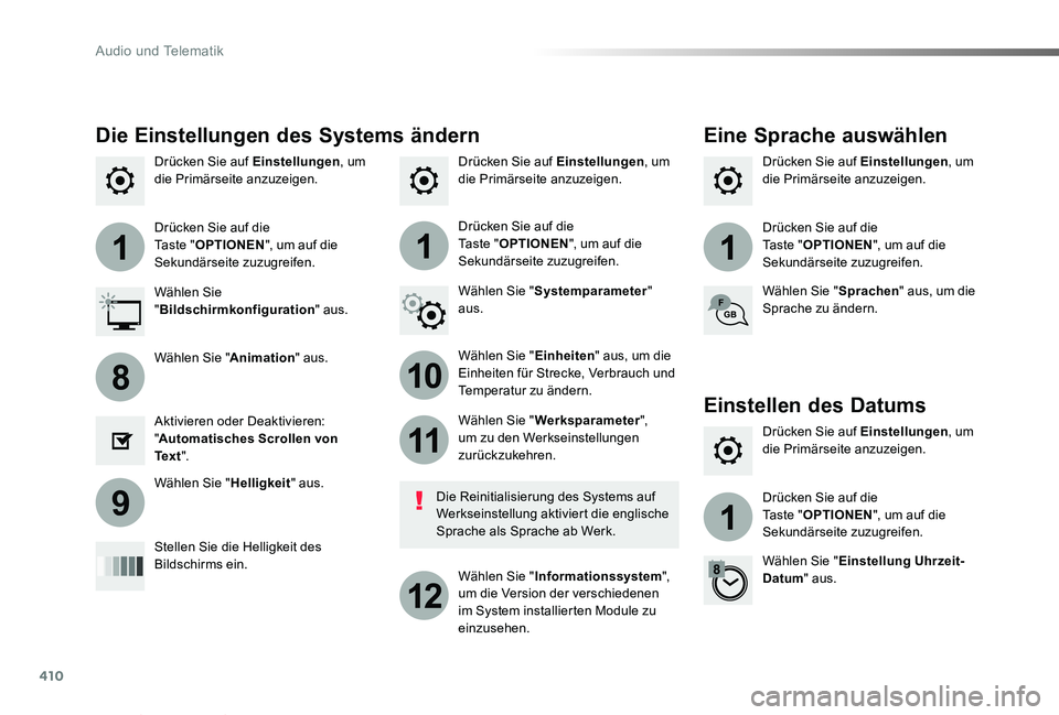 TOYOTA PROACE VERSO 2019  Betriebsanleitungen (in German) 410
111
10
11
12
8
91
Proace_Verso_de_Chap10b_NAC-1_ed01-2019
Drücken Sie auf Einstellungen, um die Primärseite anzuzeigen.Drücken Sie auf Einstellungen, um die Primärseite anzuzeigen.Drücken Sie