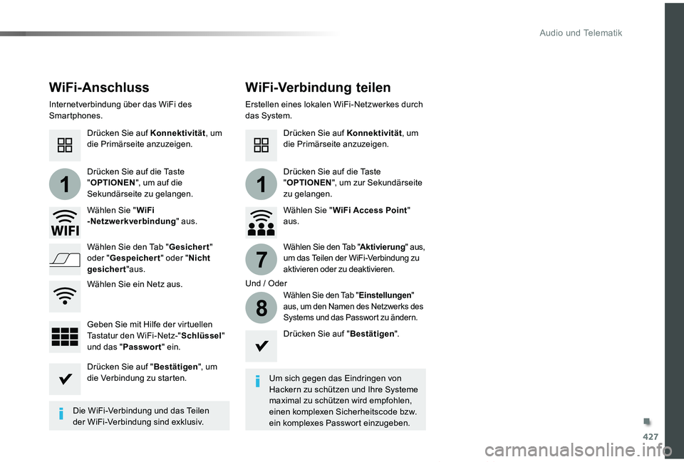 TOYOTA PROACE VERSO 2019  Betriebsanleitungen (in German) 427
11
7
8
Proace_Verso_de_Chap10c_RCC-1_ed01-2019
WiFi-AnschlussWiFi-Verbindung teilen
Um sich gegen das Eindringen von Hackern zu schützen und Ihre Systeme maximal zu schützen wird empfohlen, eine