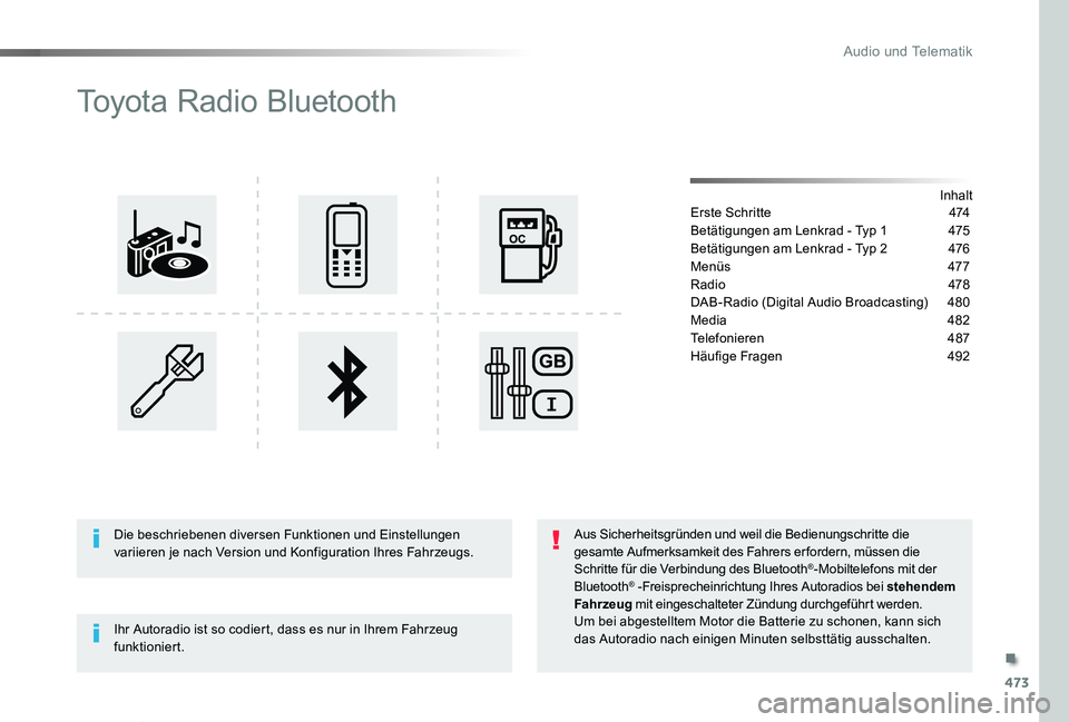 TOYOTA PROACE VERSO 2019  Betriebsanleitungen (in German) 473
Proace_Verso_de_Chap10d_RD6_ed01-2019
Toyota Radio Bluetooth
InhaltErste Schritte 474
Betätigungen am Lenkrad - Typ 1 475
Betätigungen am Lenkrad - Typ 2 476
Menüs  477
Radio  478
DAB-Radio (Di