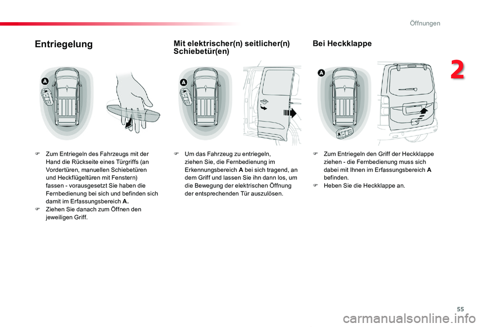 TOYOTA PROACE VERSO 2019  Betriebsanleitungen (in German) 55
Proace_Verso_de_Chap02_ouvertures_ed01-2019
Entriegelung
F Zum Entriegeln des Fahrzeugs mit der Hand die Rückseite eines Türgriffs (an Vordertüren, manuellen Schiebetüren und Heckflügeltüren 