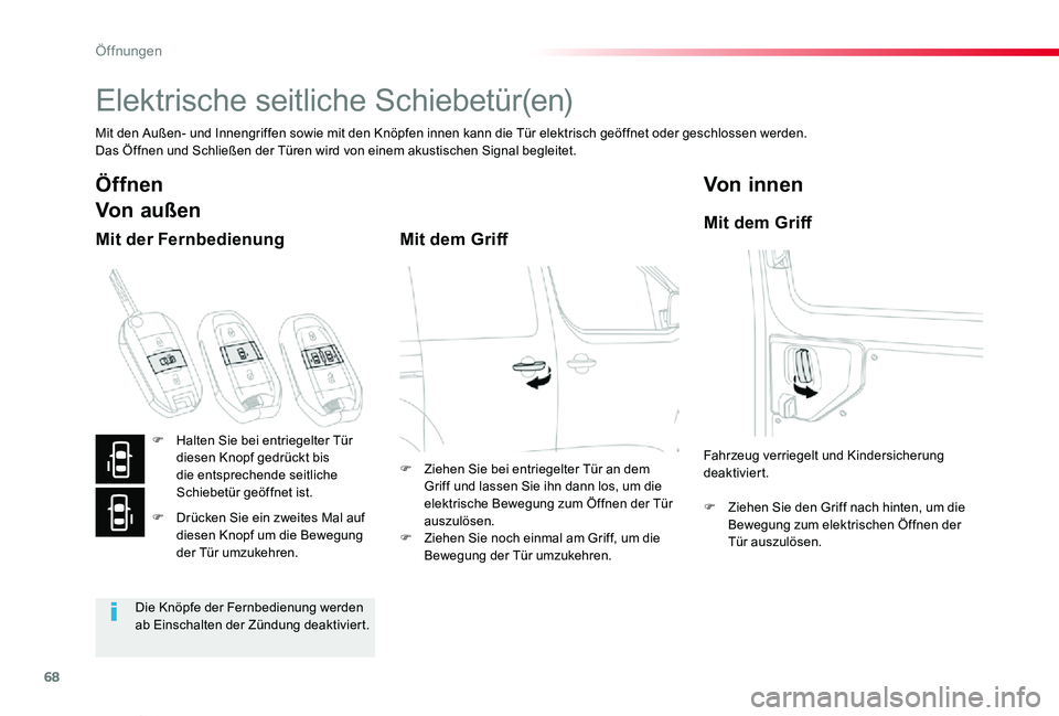 TOYOTA PROACE VERSO 2019  Betriebsanleitungen (in German) 68
Proace_Verso_de_Chap02_ouvertures_ed01-2019
Elektrische seitliche Schiebetür(en)
Mit den Außen- und Innengriffen sowie mit den Knöpfen innen kann die Tür elektrisch geöffnet oder geschlossen w