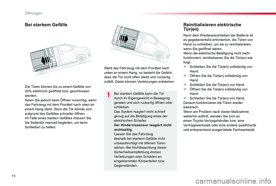 TOYOTA PROACE VERSO 2019  Betriebsanleitungen (in German) 74
Proace_Verso_de_Chap02_ouvertures_ed01-2019
Bei starkem Gefälle kann die Tür durch ihr Eigengewicht in Bewegung geraten und sich ruckartig öffnen oder schließen.Das System reagiert nicht schnel