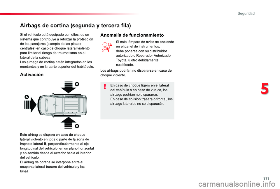TOYOTA PROACE VERSO 2019 Manuale de Empleo (in Spanish) 171
ProaceVerso_es_Chap05_securite_ed01-2019
Si el vehículo está equipado con ellos, es un sistema que contribuye a reforzar la protección de los pasajeros (excepto de las plazas centrales) en caso TOYOTA PROACE VERSO 2019 Manuale de Empleo (in Spanish) 171
ProaceVerso_es_Chap05_securite_ed01-2019
Si el vehículo está equipado con ellos, es un sistema que contribuye a reforzar la protección de los pasajeros (excepto de las plazas centrales) en caso