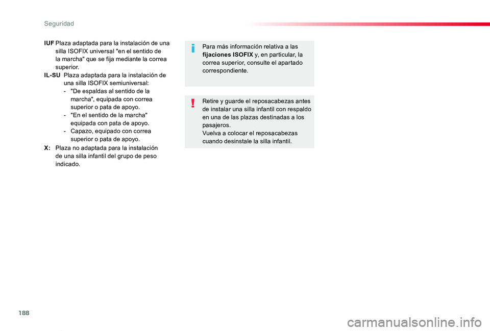 TOYOTA PROACE VERSO 2019  Manuale de Empleo (in Spanish) 188
ProaceVerso_es_Chap05_securite_ed01-2019
IUF Plaza adaptada para la instalación de una silla ISOFIX universal "en el sentido de la marcha" que se fija mediante la correa superior.IL- SU  