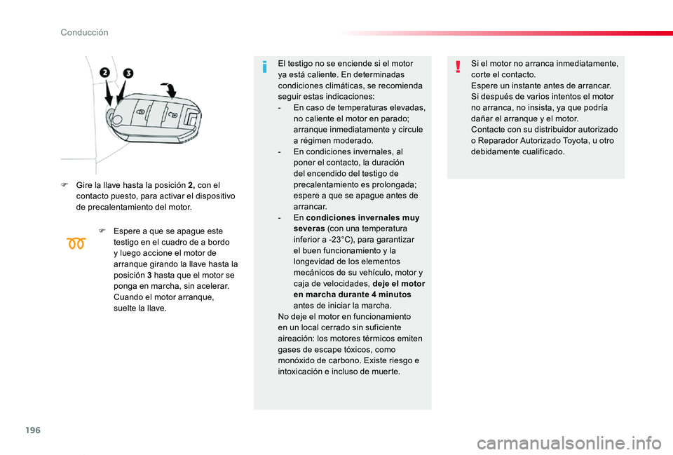 TOYOTA PROACE VERSO 2019 Manuale de Empleo (in Spanish) 196
ProaceVerso_es_Chap06_conduite_ed01-2019
F Gire la llave hasta la posición 2, con el contacto puesto, para activar el dispositivo de precalentamiento del motor.
F Espere a que se apague este test TOYOTA PROACE VERSO 2019 Manuale de Empleo (in Spanish) 196
ProaceVerso_es_Chap06_conduite_ed01-2019
F Gire la llave hasta la posición 2, con el contacto puesto, para activar el dispositivo de precalentamiento del motor.
F Espere a que se apague este test