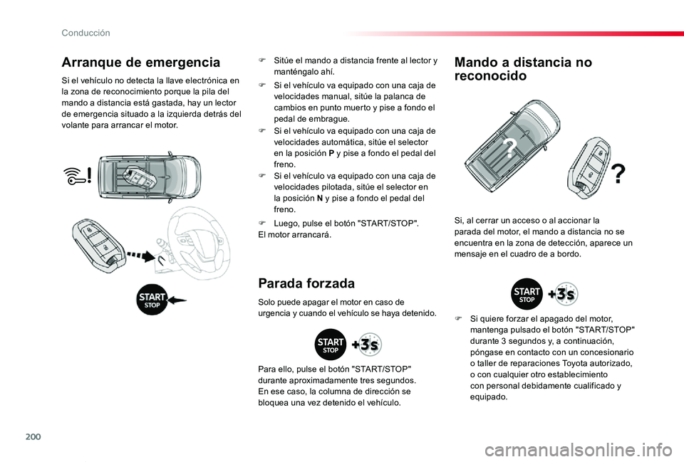 TOYOTA PROACE VERSO 2019 Manuale de Empleo (in Spanish) 200
ProaceVerso_es_Chap06_conduite_ed01-2019
Arranque de emergencia
Si el vehículo no detecta la llave electrónica en la zona de reconocimiento porque la pila del mando a distancia está gastada, ha TOYOTA PROACE VERSO 2019 Manuale de Empleo (in Spanish) 200
ProaceVerso_es_Chap06_conduite_ed01-2019
Arranque de emergencia
Si el vehículo no detecta la llave electrónica en la zona de reconocimiento porque la pila del mando a distancia está gastada, ha