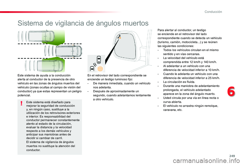 TOYOTA PROACE VERSO 2019 Manuale de Empleo (in Spanish) 249
ProaceVerso_es_Chap06_conduite_ed01-2019
Sistema de vigilancia de ángulos muertos
En el retrovisor del lado correspondiente se enciende un testigo luminoso fijo:- De manera inmediata, cuando un v TOYOTA PROACE VERSO 2019 Manuale de Empleo (in Spanish) 249
ProaceVerso_es_Chap06_conduite_ed01-2019
Sistema de vigilancia de ángulos muertos
En el retrovisor del lado correspondiente se enciende un testigo luminoso fijo:- De manera inmediata, cuando un v