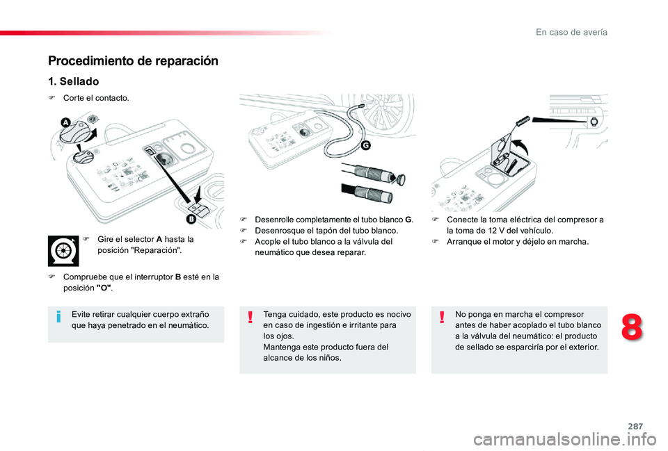 TOYOTA PROACE VERSO 2019  Manuale de Empleo (in Spanish) 287
ProaceVerso_es_Chap08_En-cas-de-panne_ed01-2019
Procedimiento de reparación
1. Sellado
F Desenrolle completamente el tubo blanco G.F Desenrosque el tapón del tubo blanco.F Acople el tubo blanco 