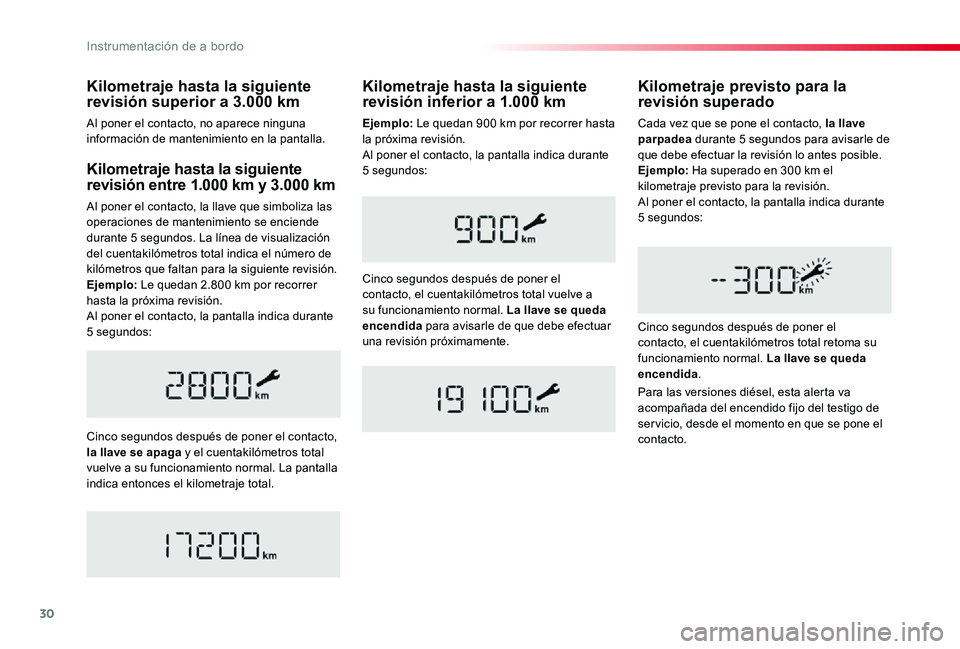 TOYOTA PROACE VERSO 2019  Manuale de Empleo (in Spanish) 30
ProaceVerso_es_Chap01_instruments-de-bord_ed01-2019
Kilometraje hasta la siguiente revisión entre 1.000 km y 3.000 km
Al poner el contacto, la llave que simboliza las operaciones de mantenimiento 