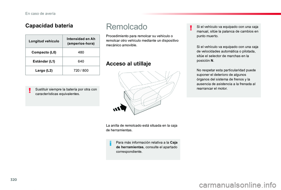 TOYOTA PROACE VERSO 2019  Manuale de Empleo (in Spanish) 320
ProaceVerso_es_Chap08_En-cas-de-panne_ed01-2019
Capacidad batería
Longitud vehículoIntensidad en Ah (amperios-hora)
Compacto (L0)480
Estándar (L1)640
Largo (L2)720 / 800
Sustituir siempre la ba