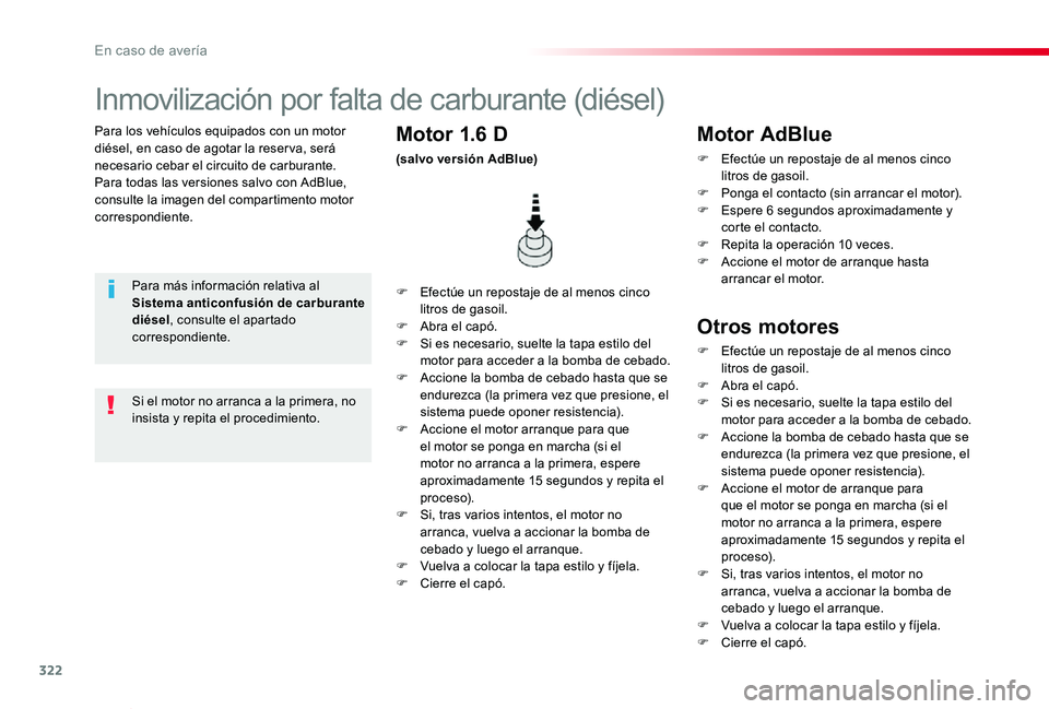 TOYOTA PROACE VERSO 2019  Manuale de Empleo (in Spanish) 322
ProaceVerso_es_Chap08_En-cas-de-panne_ed01-2019
Para los vehículos equipados con un motor diésel, en caso de agotar la reser va, será necesario cebar el circuito de carburante.Para todas las ve