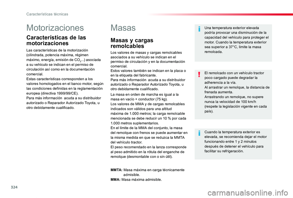TOYOTA PROACE VERSO 2019  Manuale de Empleo (in Spanish) 324
ProaceVerso_es_Chap09_caracteristiques-techniques_ed01-2019
Motorizaciones
Características de las 
motorizaciones
Las características de la motorización (cilindrada, potencia máxima, régimen 